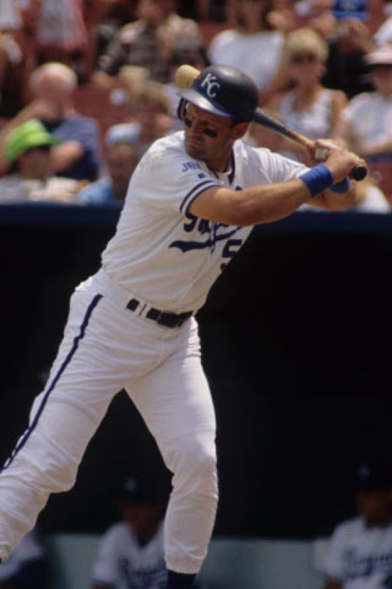 George Brett batting in his No. 5 Kansas City Royals home uniform at Royals Stadium, 1990