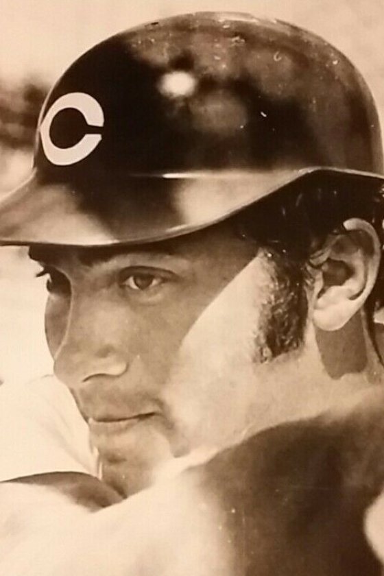 Johnny Bench in a Cincinnati Reds batting helmet, eyes on the ball during batting practice at spring training in Tampa, Florida, 1972
