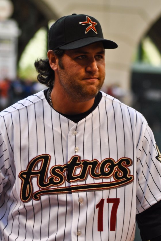 Lance Berkman in a Houston Astros cap and pinstriped No. 17 jersey during Opening Day ceremonies at Minute Maid Park, 2009
