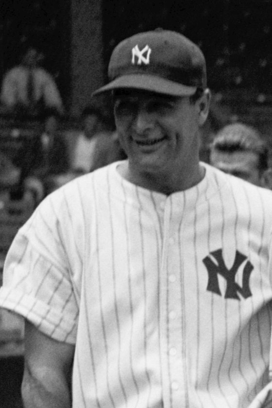 Lou Gehrig smiling in a New York Yankees pinstriped uniform and NY cap at Griffith Stadium in Washington before the 1937 All-Star Game