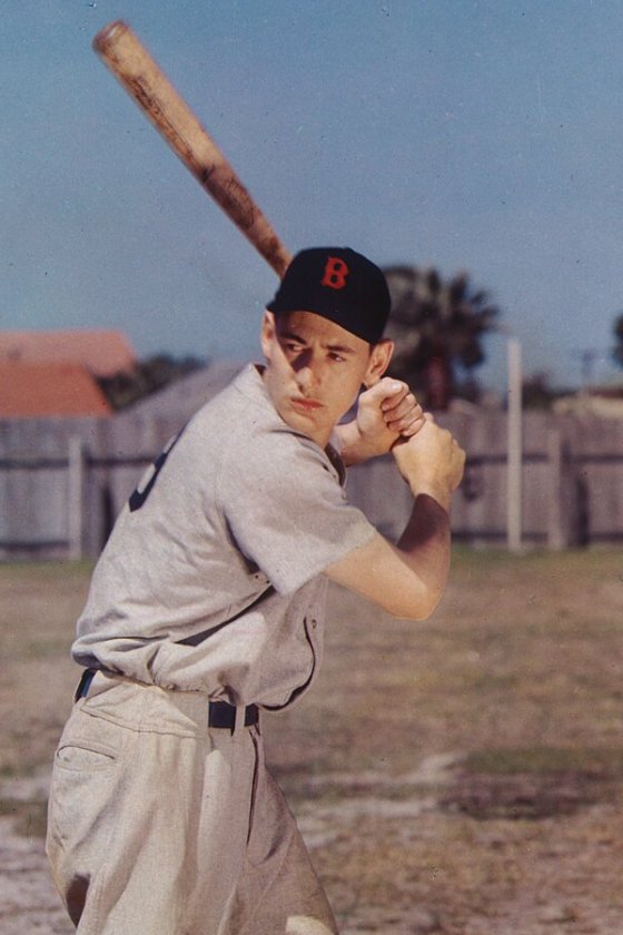 Ted Williams in a Boston Red Sox cap and gray uniform, cocking his bat in a left-handed batting stance on a sunny practice field, 1940